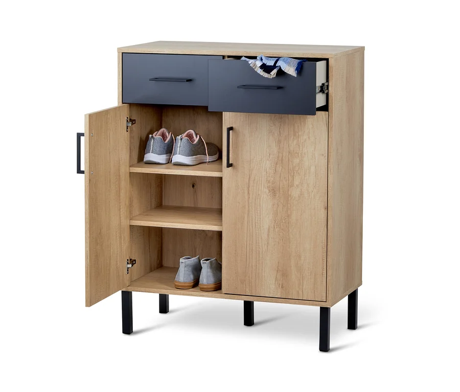 Schuhschrank im Industrial Style mit offener Schublade und Tür.
