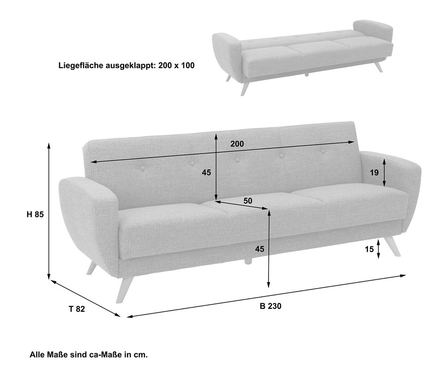 Zeichnung eines 3-Sitzer-Schlafsofas »Justus« in grau meliertem Webstoff mit Maßangaben.