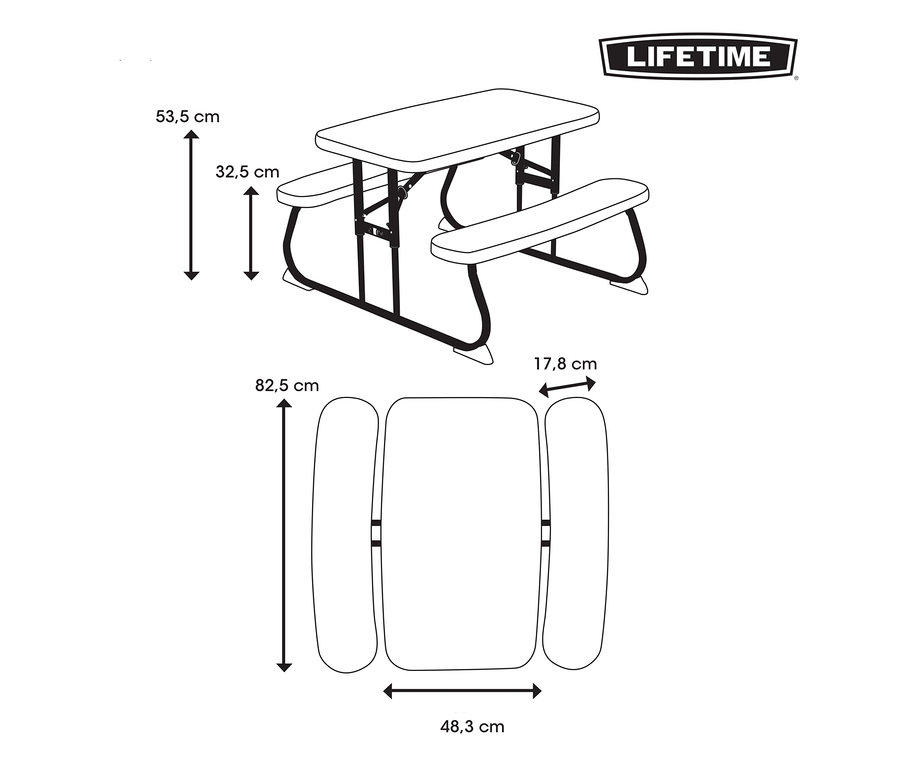 Abmessungen des grünen LIFETIME-Kinder-Picknicktischs »80094G«.