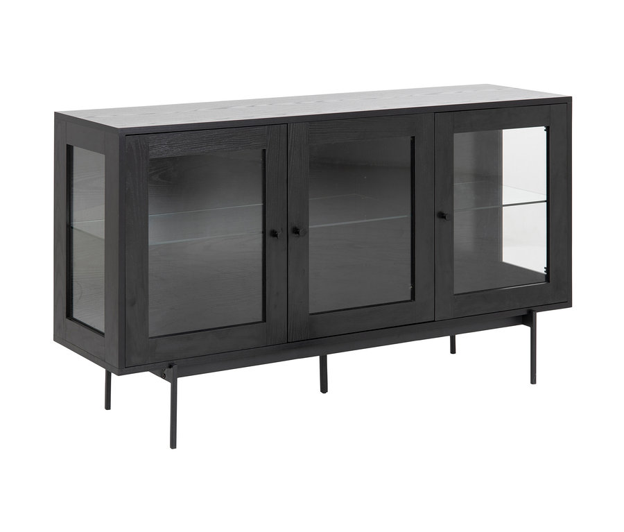 Schwarzes Sideboard mit drei Glasschränken und Füßen.
