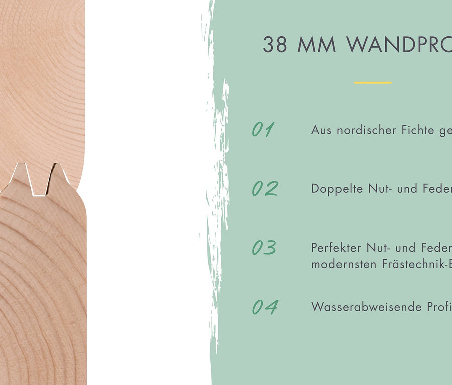 Detailaufnahme des 38 mm Wandprofils des Karibu Fasssauna »Nadi 2« mit Details zu Nut- und Federverbindung.