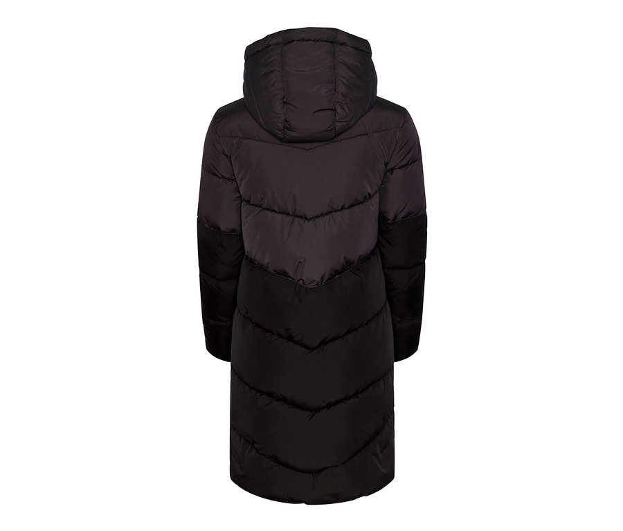 Detailansicht der Rückseite eines Steppmantels mit Kapuze.