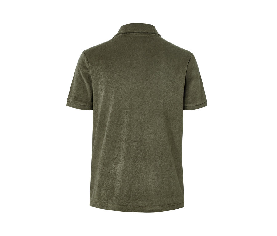 Khakifarbenes Frottee-Poloshirt von hinten.
