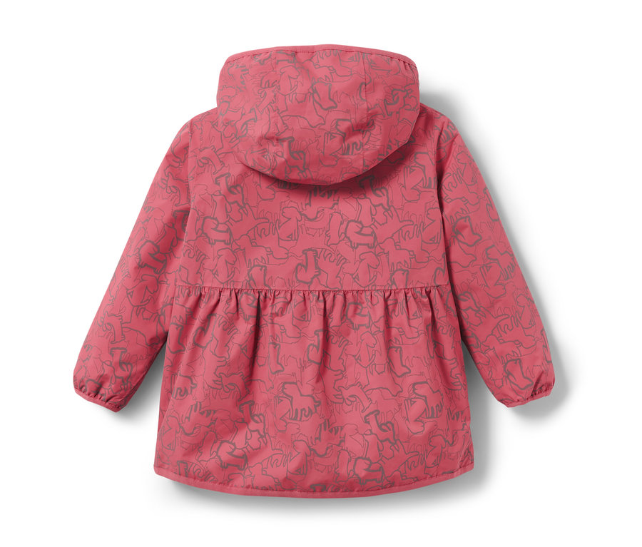 Rosa Kinder-Thermo-Regenjacke mit reflektierenden Elementen, Rückansicht.