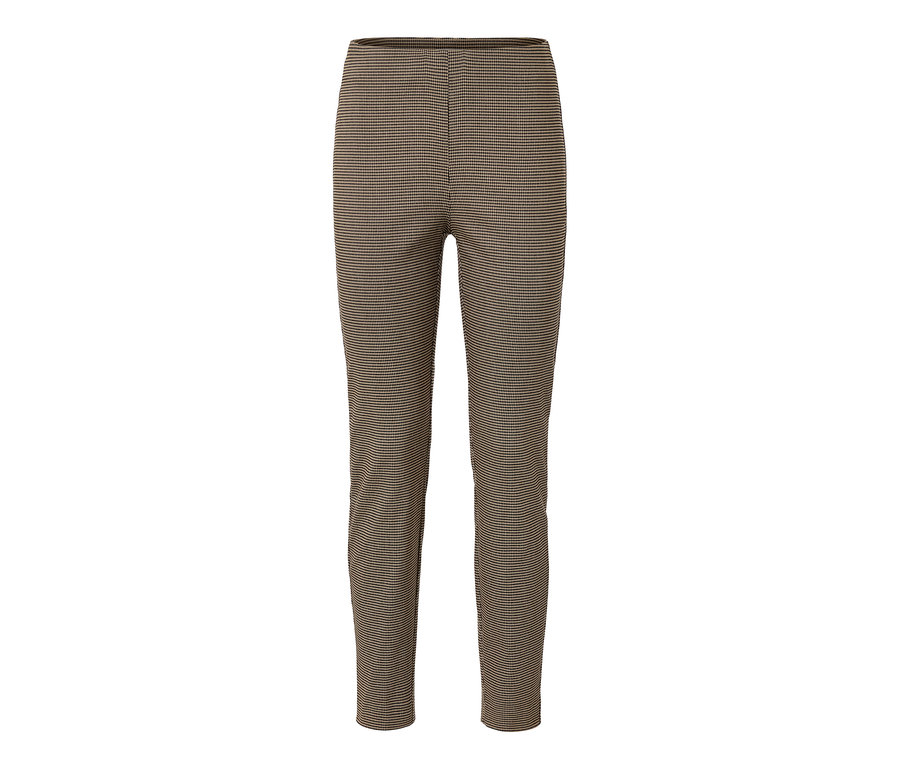 Eine braune Stretchhose mit Hahnentrittmuster.