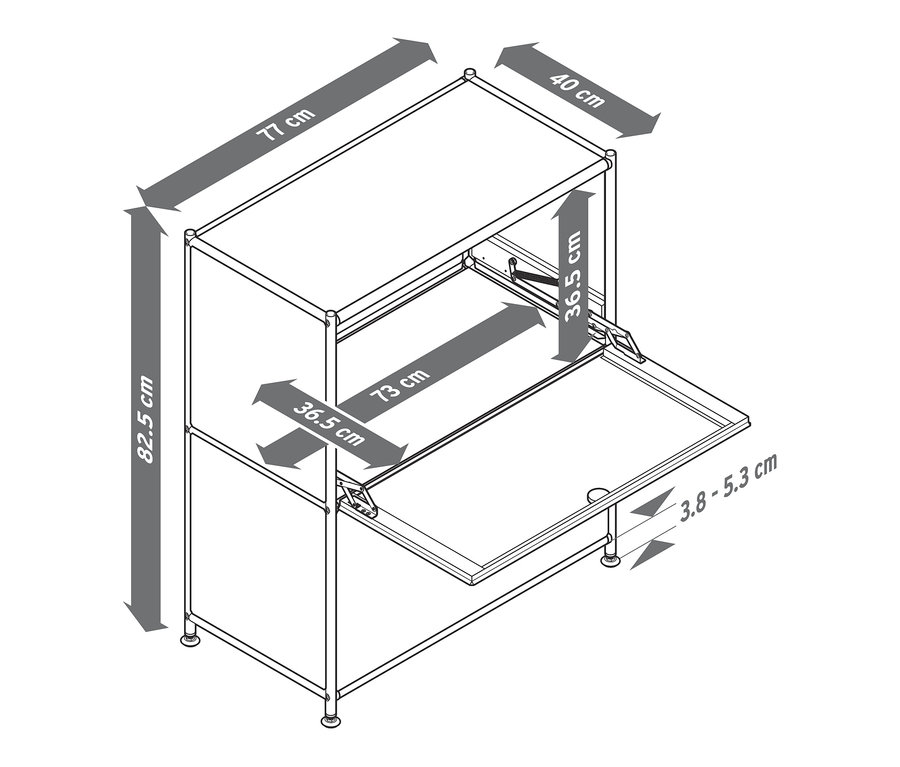 Maße des Sideboards Metall »CN3« mit 2 Klappenfächern.