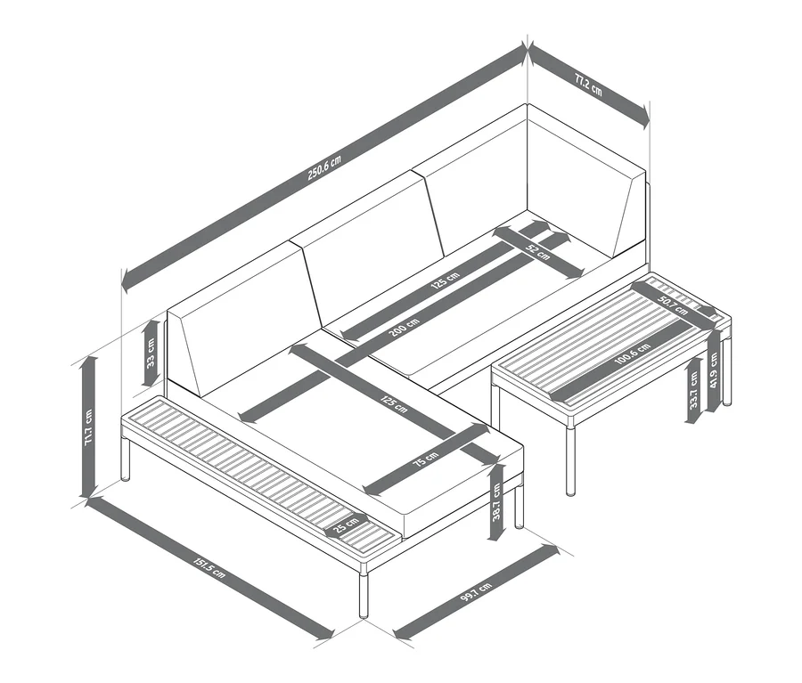 Abmessungen der Lounge-Ecke Elin mit Premium-Komfort-Kissen.