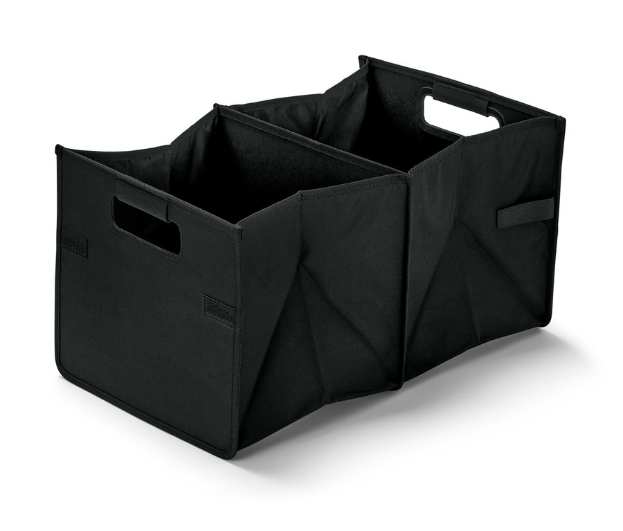 Eine schwarze Auto-Faltbox mit drei Fächern und Griffen.