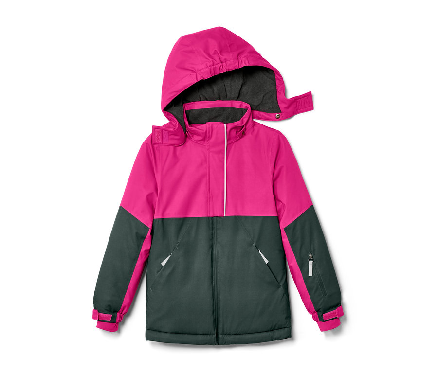Pink-graue Kinder-Skijacke mit Kapuze.