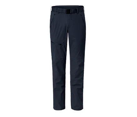 Dunkelblaue Softshell-Outdoorhose mit schwarzem Gürtel.