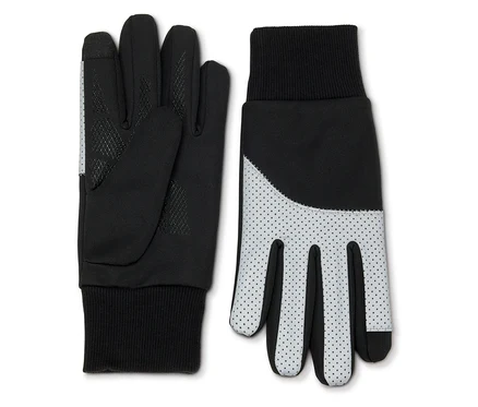 Zwei schwarze Handschuhe mit weißen Details und schwarzem Bündchen.