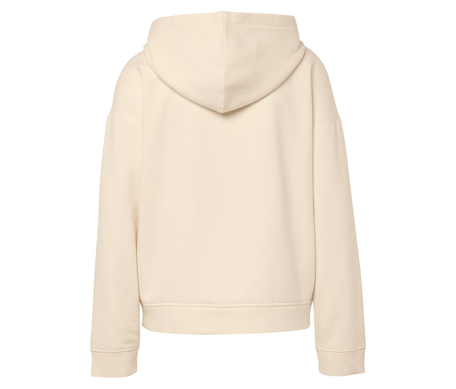 Rückansicht eines beigen Kapuzenpullovers.