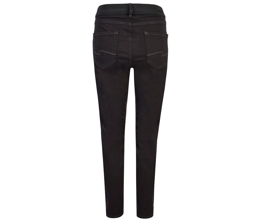 Detailansicht von der Rückseite einer schwarzen Jeans mit elastischem Bund.