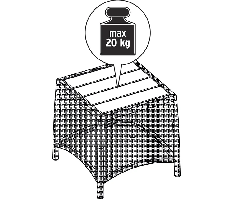 Illustration eines Sessel-Sets mit ausklappbarer Fußlehne mit maximaler Traglast von 20 kg.