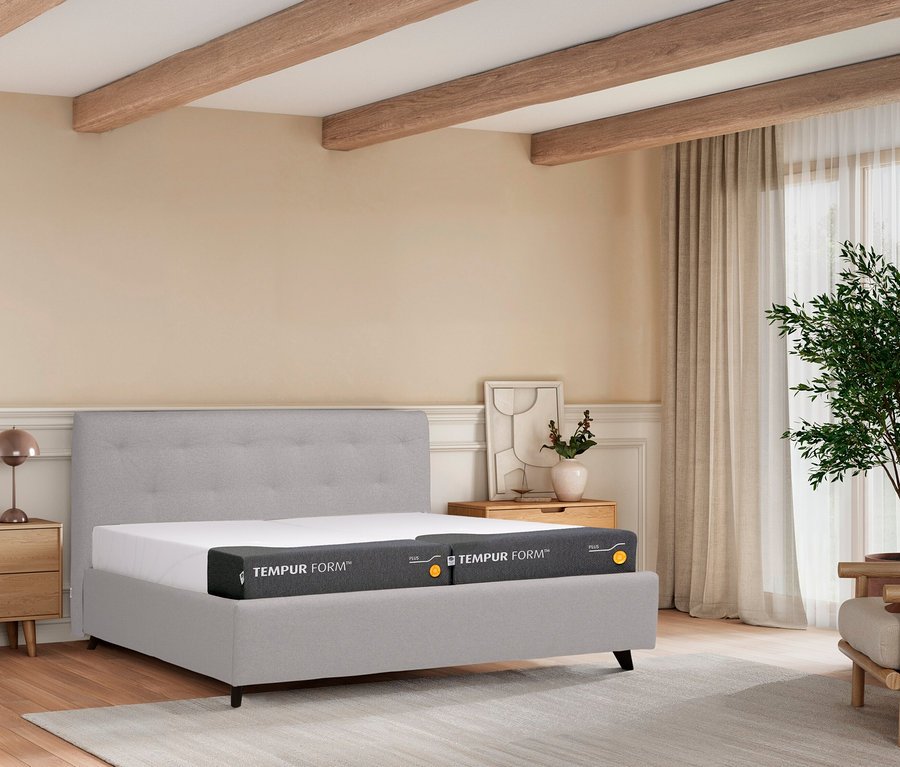 Schlafzimmer mit grauem Bett, Nachttisch, Lampe und Zimmerpflanze.