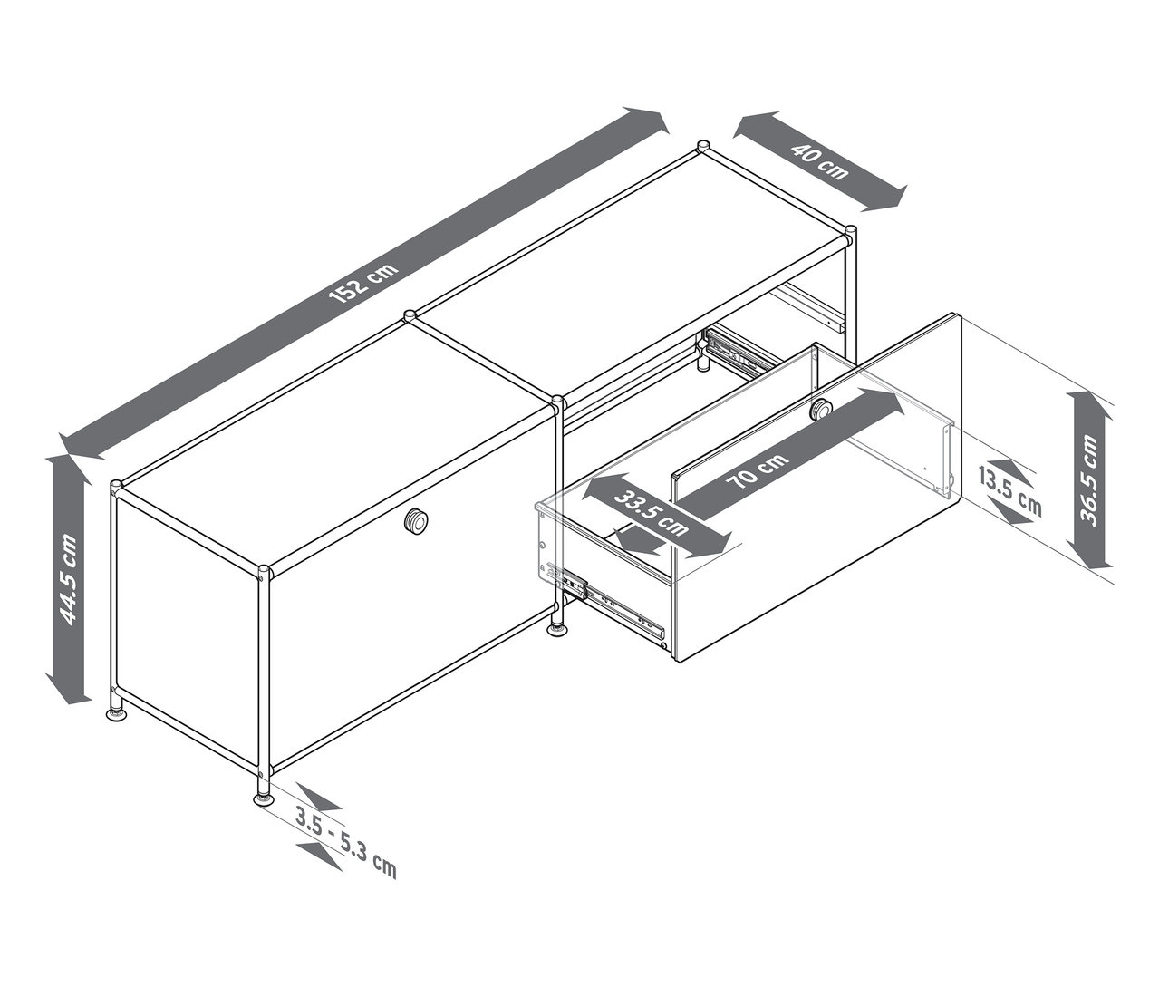 Draufsicht einer skizzenhaften Darstellung eines Lowboards mit Schublade, inklusive Maßangaben in Zentimetern.