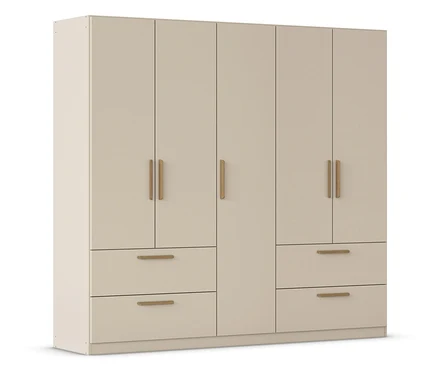 Beiger Kleiderschrank mit sechs Türen und vier Schubladen.