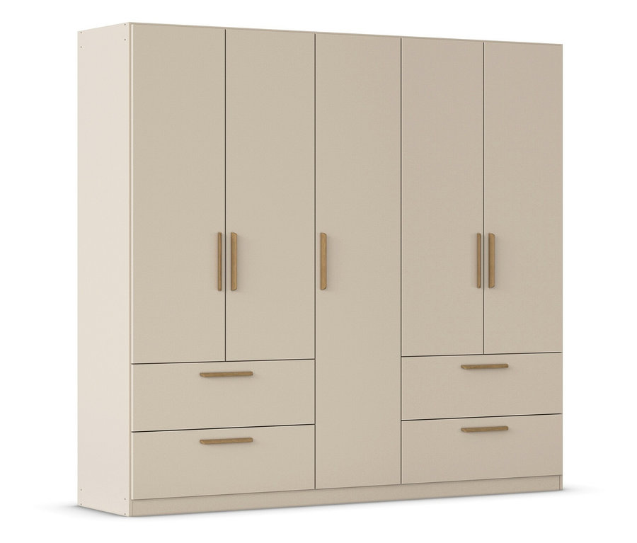 Beiger Kleiderschrank mit sechs Türen und vier Schubladen.
