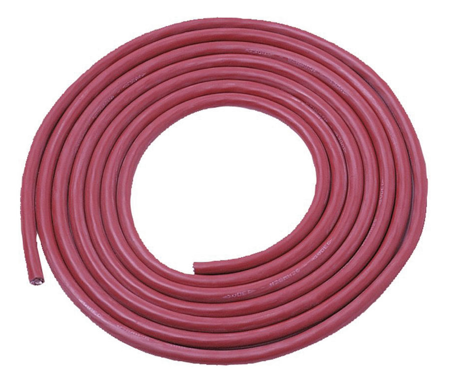 Ein aufgerollter roter Schlauch auf weißem Hintergrund.
