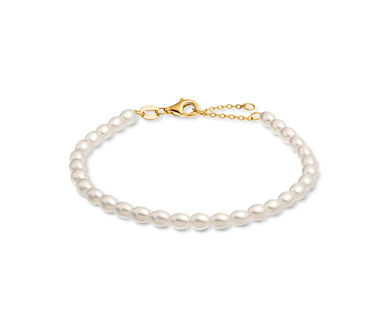 Armband aus weißen Perlen mit goldenem Verschluss.