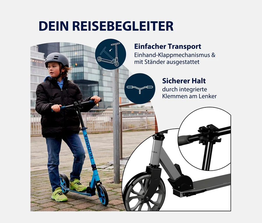 Junge mit Helm fährt auf einem grauen HUDORA Scooter »Up 200«.