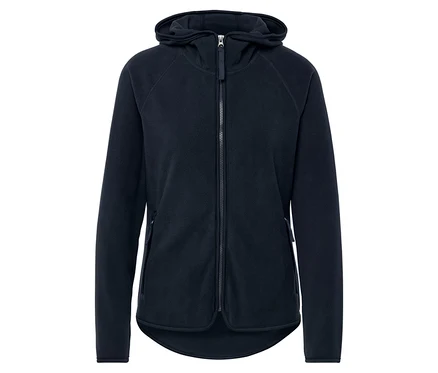 Dunkelblaue Fleecejacke mit Kapuze und Reißverschluss.