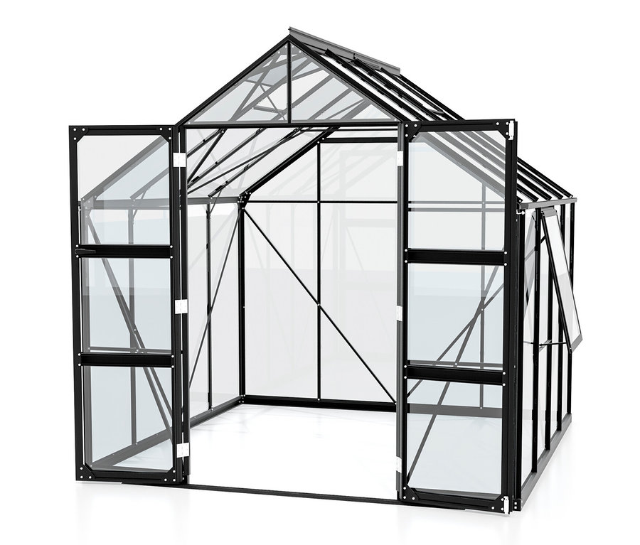 Das Vitavia Gewächshaus Olymp 6,7m² inklusive Fundamentrahmen mit offenen Türen.