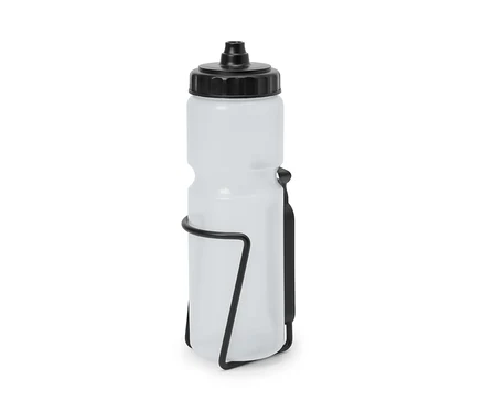 Eine durchsichtige Flasche in einer schwarzen Fahrrad-Flaschenhalterung inkl. Flasche.