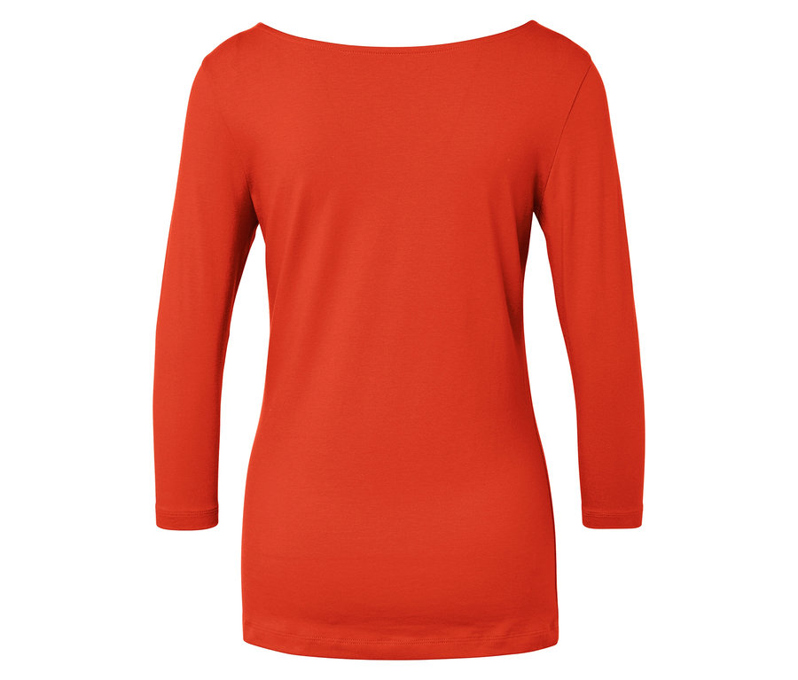 Rückansicht eines orangefarbenen T-Shirts mit Dreiviertelärmeln und weitem Ausschnitt.