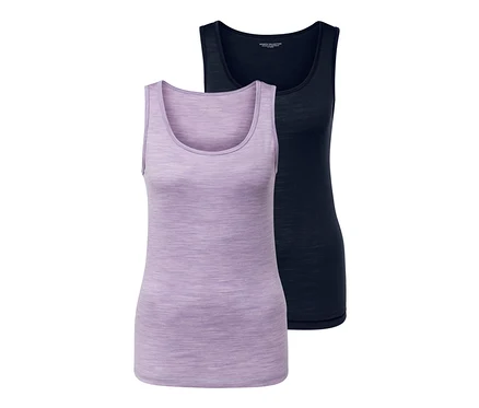 Zwei Tanktops mit Merinowolle, eines lila und eines dunkelblau, werden auf einem weißen Hintergrund gezeigt.