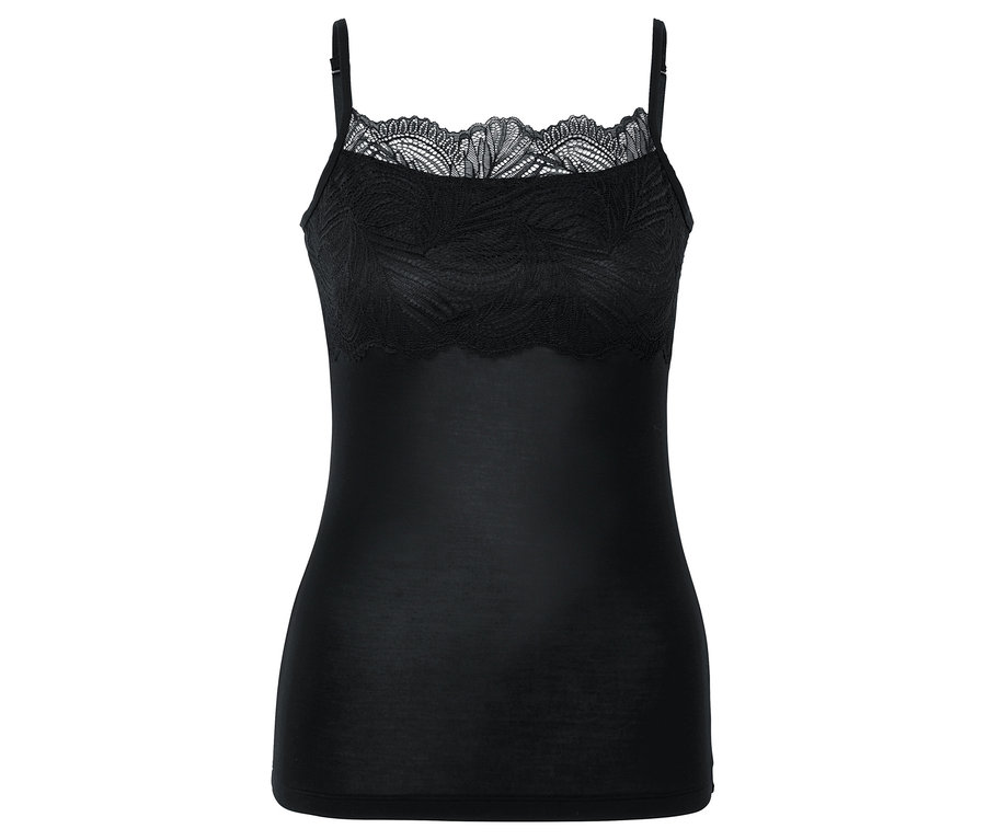 Schwarzes Tanktop mit Spitze oben und dünnen Trägern.
