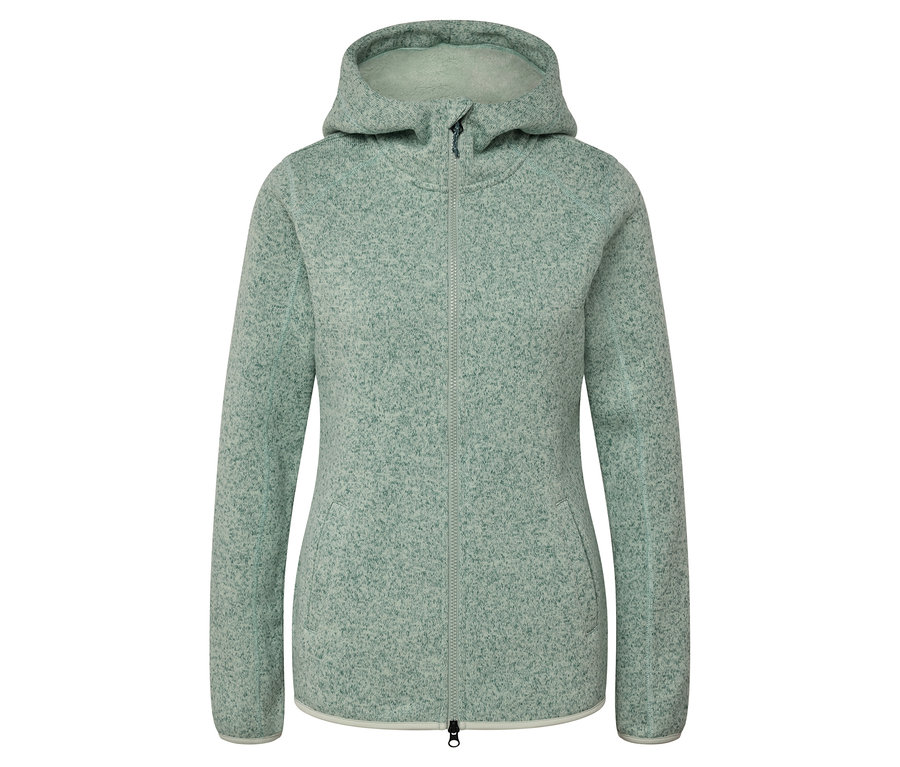 Hellgrüne Fleecejacke mit Kapuze und Reißverschluss in der Mitte.