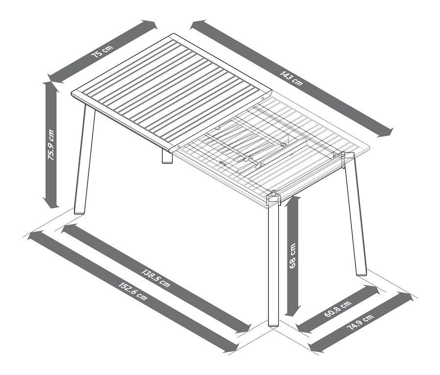 Ausziehtisch »Liska« mit gekennzeichneten Abmessungen.