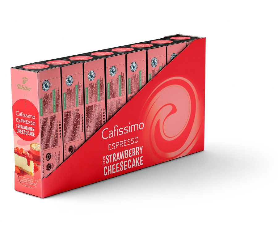 Ein Aufsteller mit RA CFM ES Strawberry Cheesecake 10 Cupx8.