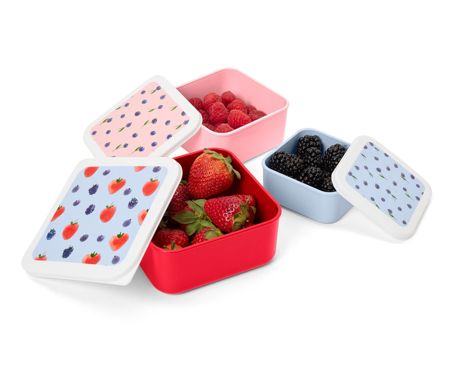 Vier Snackdosen mit Obst. Eine rote Dose ist mit Erdbeeren, eine rosa mit Himbeeren und eine blaue mit Brombeeren gefüllt.