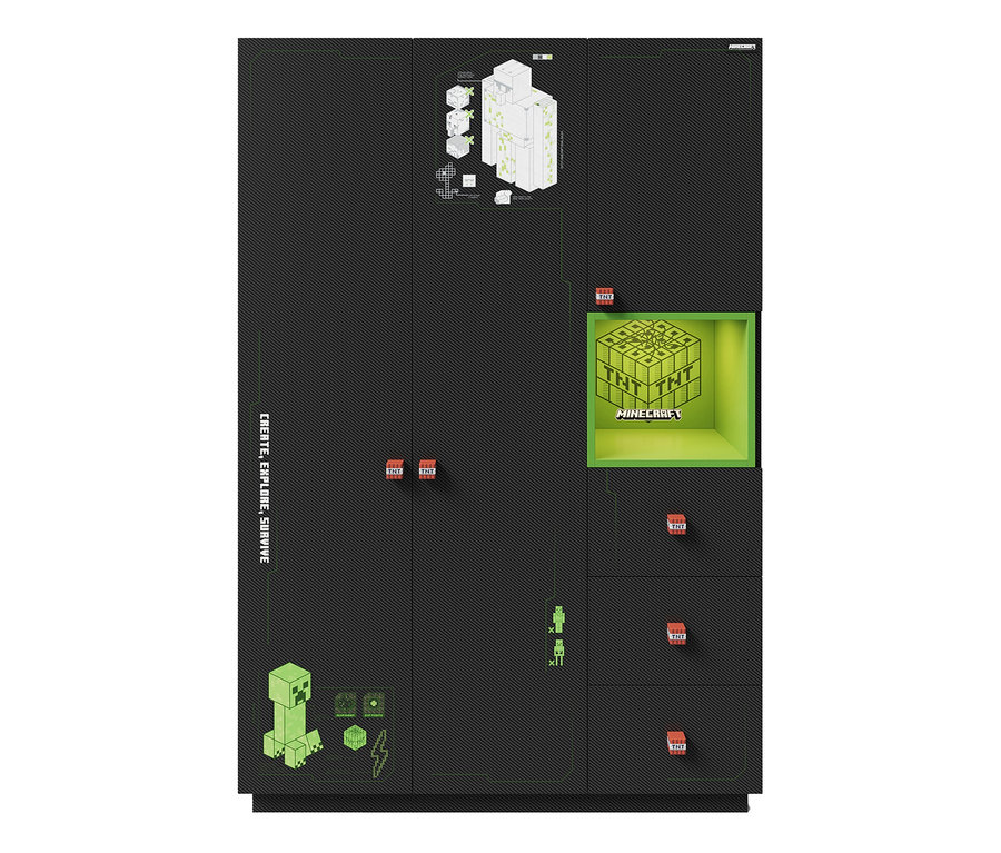 Ein schwarzer roba Minecraft Schrank mit Minecraft-Motiven.