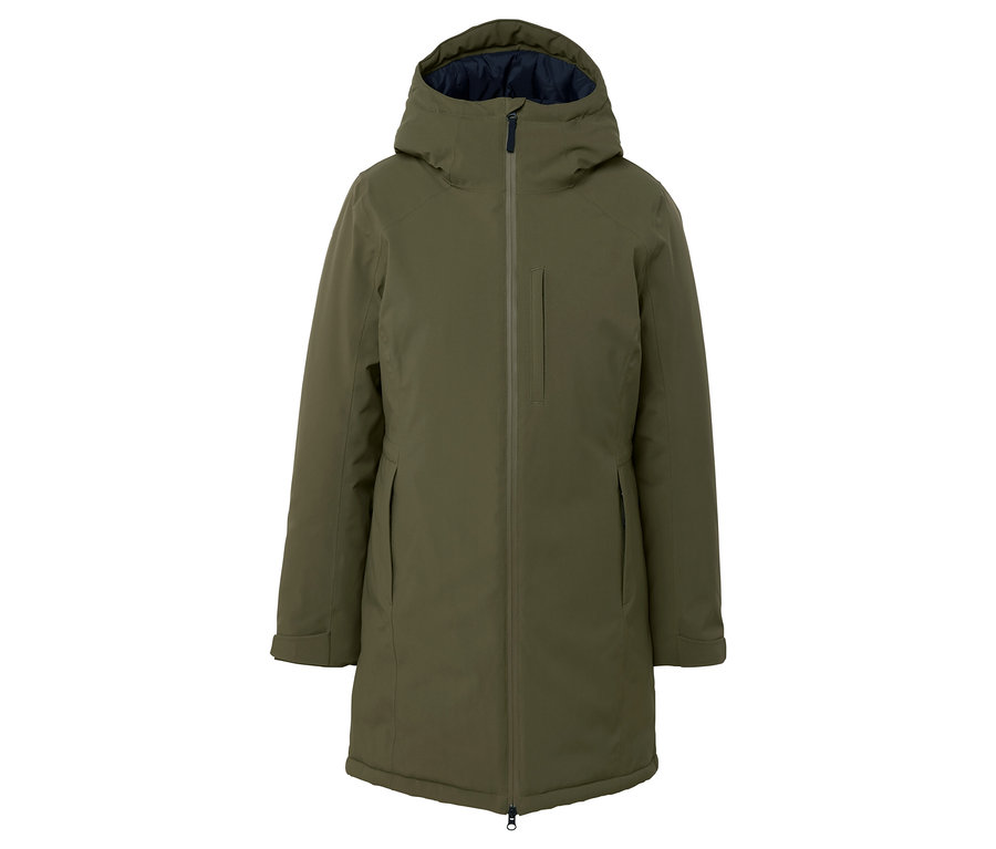 Grüne Winterjacke mit Kapuze und Reißverschluss.