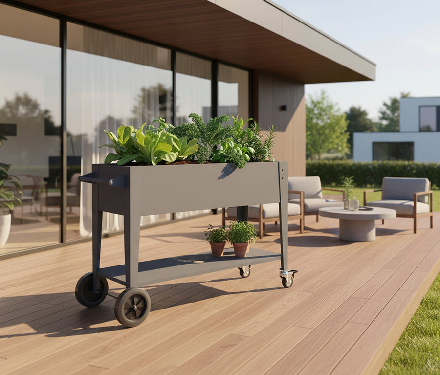 Ein grauer, fahrbarer Pflanzkasten mit Salat und Kräutern steht auf einer Holzterrasse.