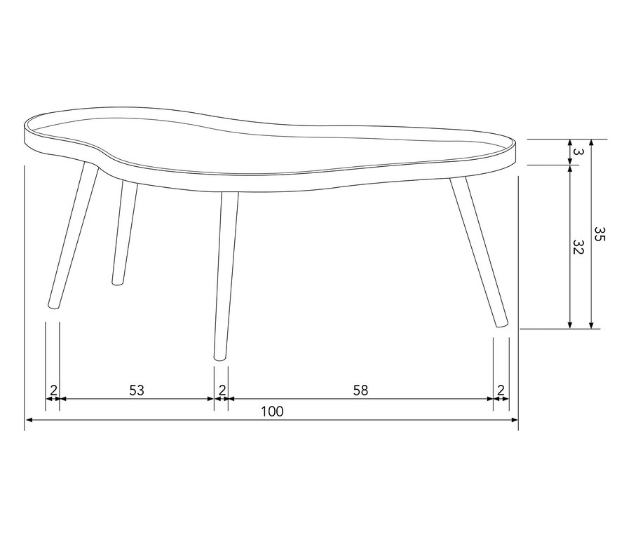 Skizze eines WOOOD »Mae« Beistelltisches in Alpaka-Farbe mit Abmessungen.