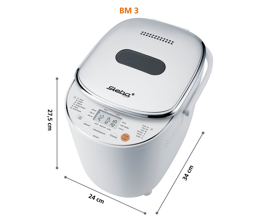 Steba BM 3 Brotbackautomat in Weiß mit digitaler Anzeige und verschiedenen Programmen.