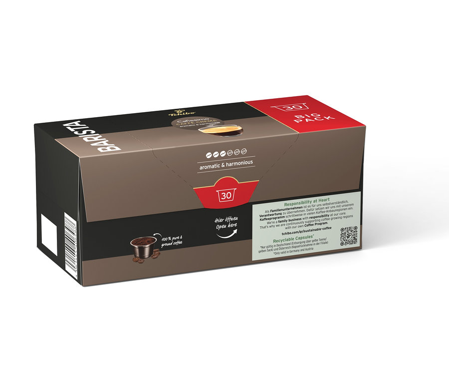 Eine braune Tchibo Barista Kaffeekapsel Großpackung mit 30 Kapseln ist zu sehen.