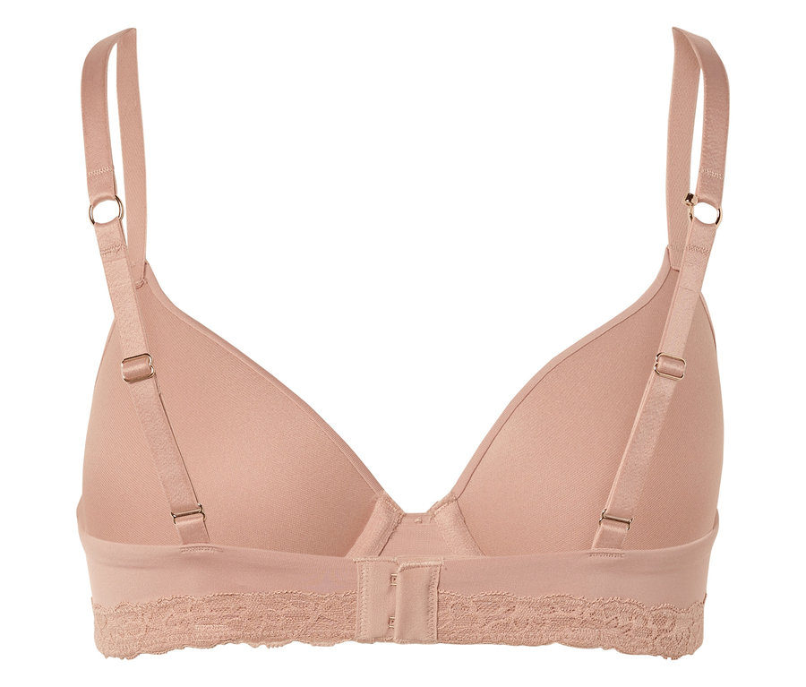 Rückansicht eines beigen BHs mit verstellbaren Trägern und Spitzenbesatz am Unterbrustband.