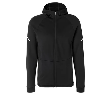 Schwarze Thermojacke mit Kapuze und Reißverschluss, weißen diagonalen Streifen an den Oberarmen.