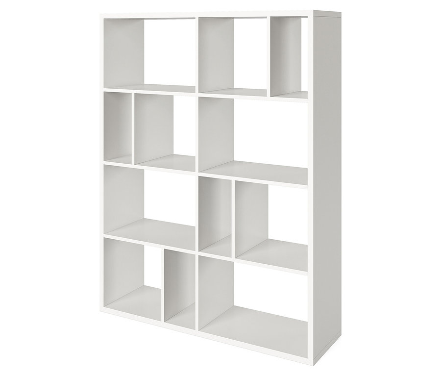 Weißes Regal mit zwölf Fächern unterschiedlicher Größe.