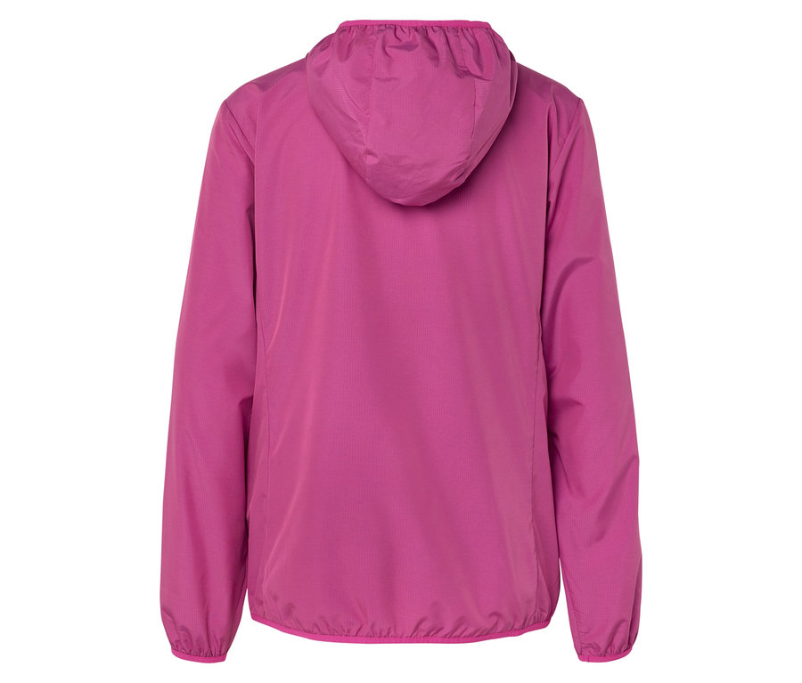 Rückansicht einer pinkfarbenen Kapuzenjacke.