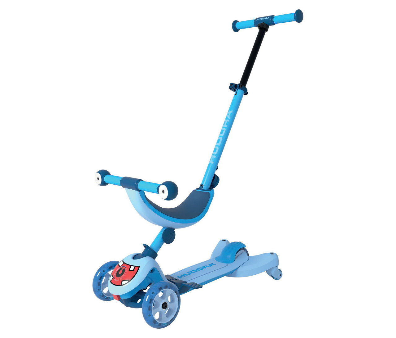 Der hellblaue Hudora 4-in-1-Scooter, Cyan, hat einen Sitz mit Lenker und einen Lenker zum Stehen. Vorne sind drei Räder.