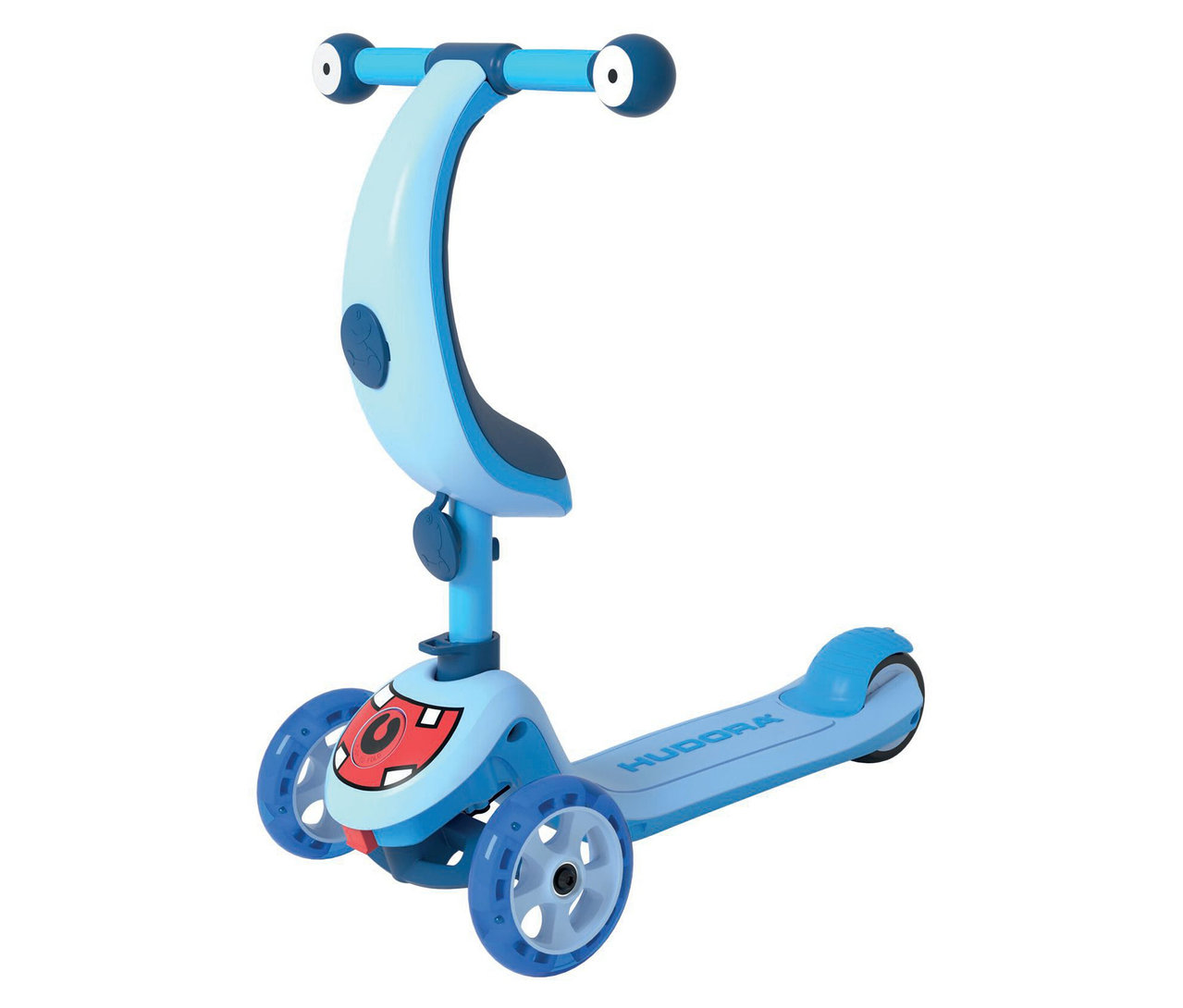 Der blaue Hudora 4-in-1-Scooter, Cyan, hat einen Sitz und einen Lenker mit runden Griffen. Vorne sind zwei Räder und ein rotes Monstergesicht.