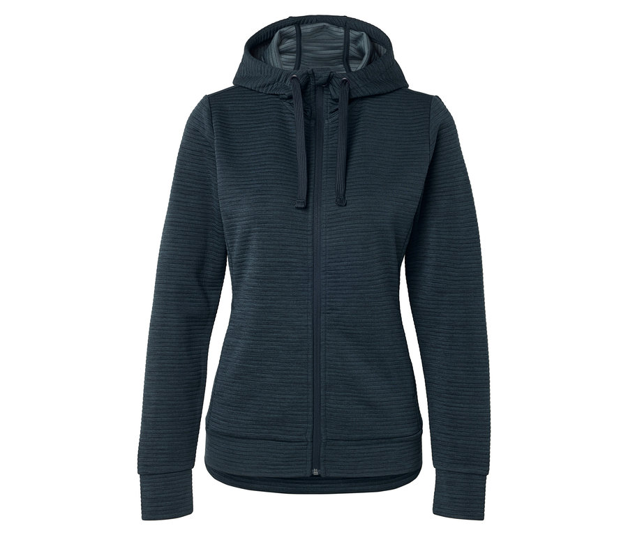 Dunkelblaue Kapuzenjacke mit durchgehendem Reißverschluss und horizontaler Rippenstruktur.