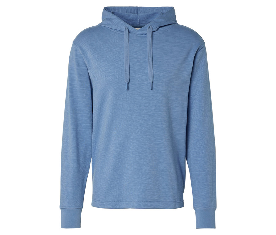 Hellblauer Kapuzenpullover mit Kordelzug.