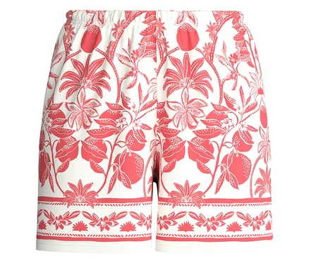 Weiße Shorts mit rotem Blumen- und Orangenmuster.